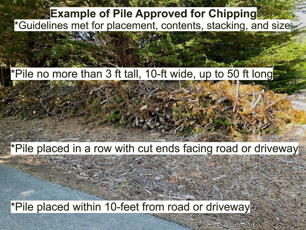 Photo example of woodpile meeting guidelines. Pile approved for chipping. *Guidelines met for placement, contents, stacking, and size. *Pile no more than 3-ft tall, 10-ft wide, up to 50-ft long. *Pile placed in a row with cut ends facing road or driveway. *Pile placed within 10-ft from road or driveway.